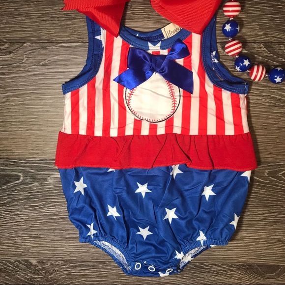 New Baby girls boutique patriotic baseball onesie - Picture 2 of 2